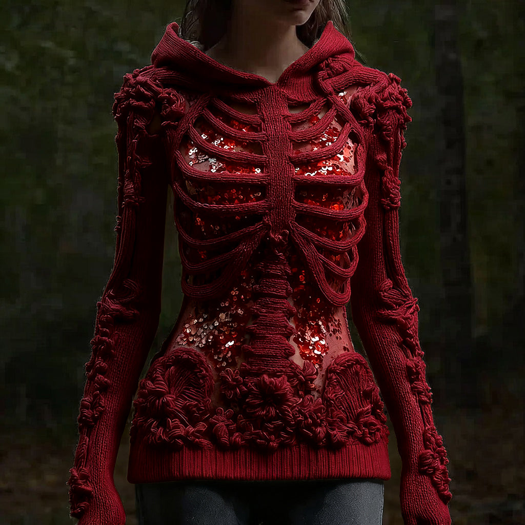 Karen Moree | Skull Floral Knitted Hooded Sweater