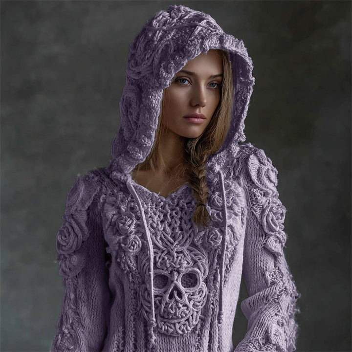 Karen Moree | White Roses Celtic Skull Hooded Knit Sweater