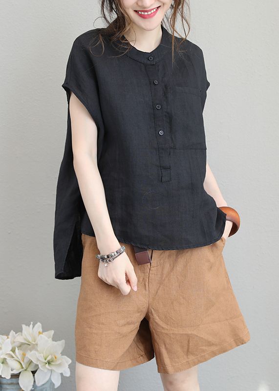 Women's Blouse | Linen Stand Neck Short Sleeve