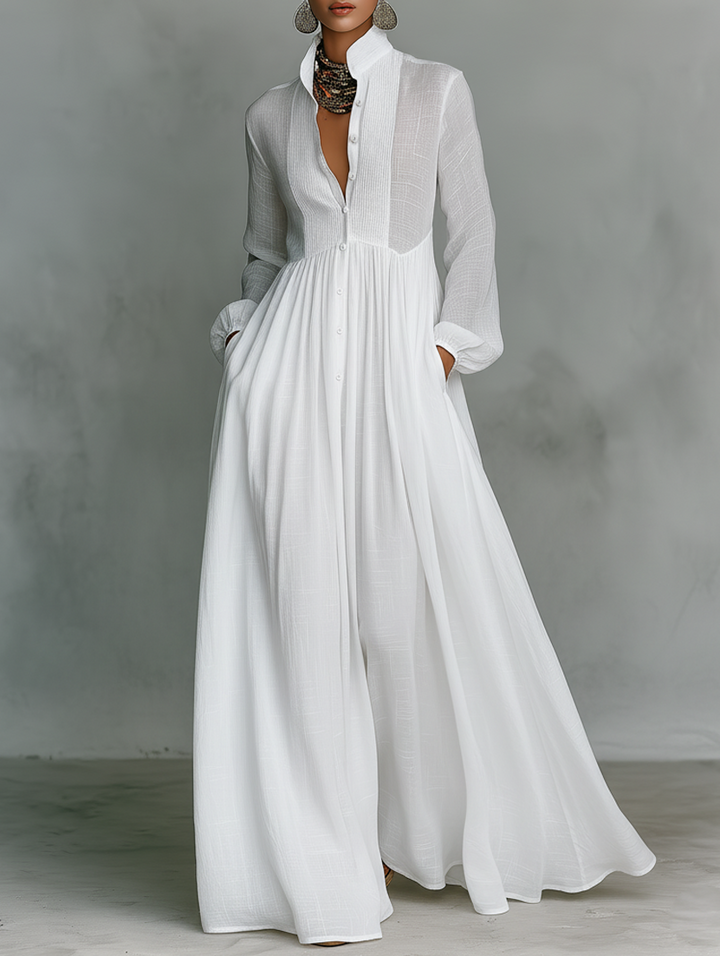 Karen Moree | Maxi Dress In Cotton And Linen With Patchwork, High Collar And Long Sleeves