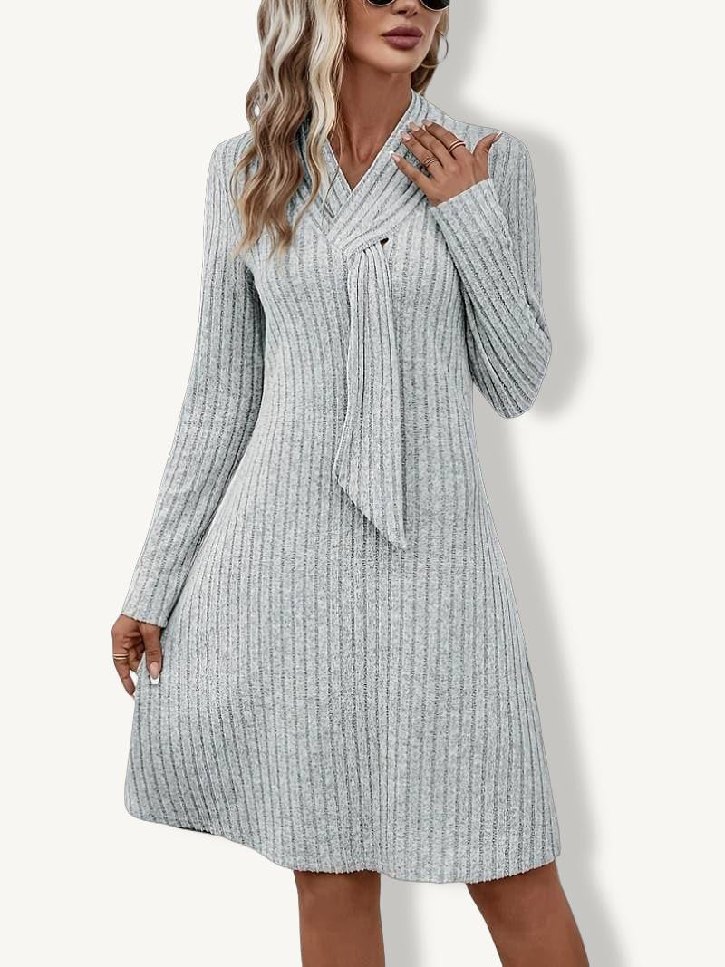 Karen Moree | Elegant Ribbed Knit Dress with Scarf