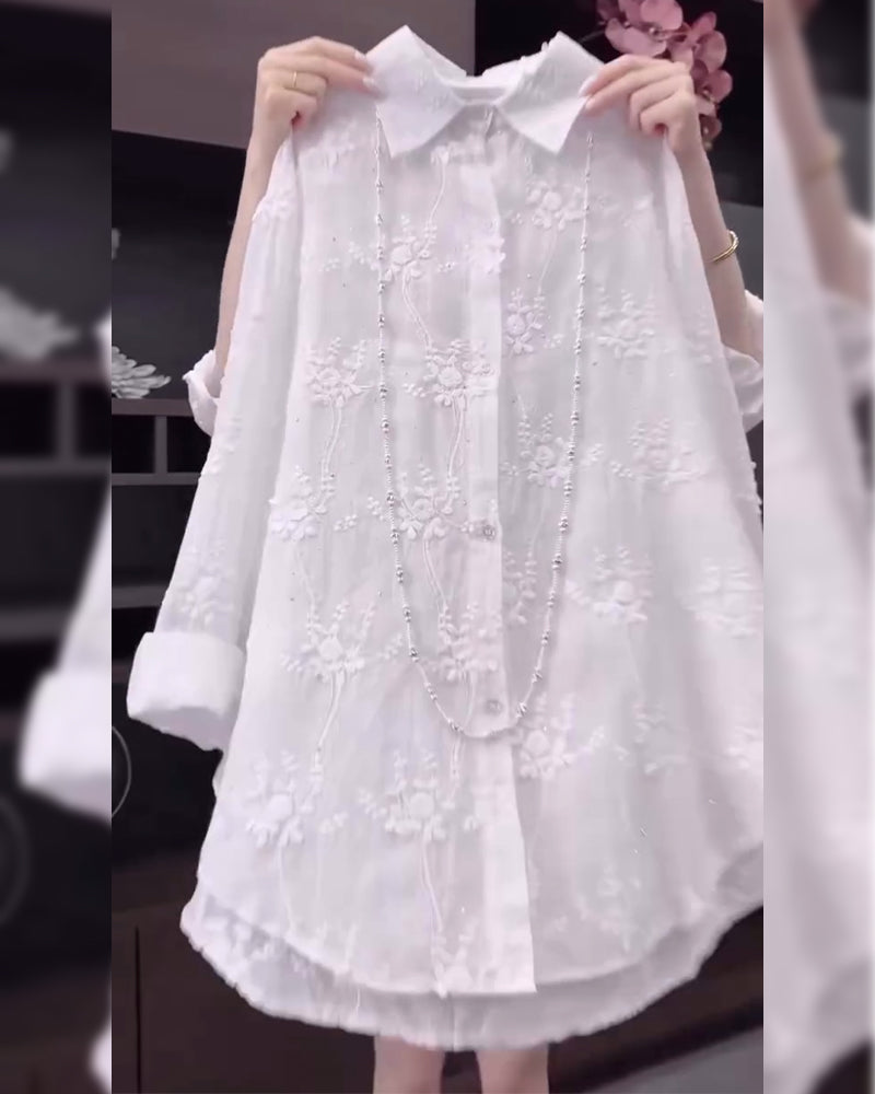 Karen Moree | Embroidered Solid Color Shirt With Dropped Shoulders