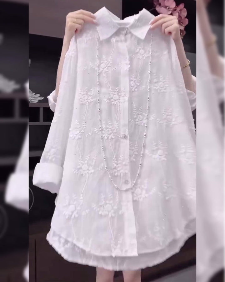 Karen Moree | Embroidered Solid Color Shirt With Dropped Shoulders