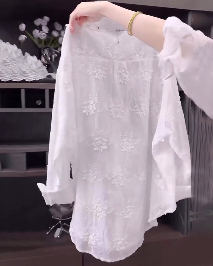 Karen Moree | Embroidered Solid Color Shirt With Dropped Shoulders