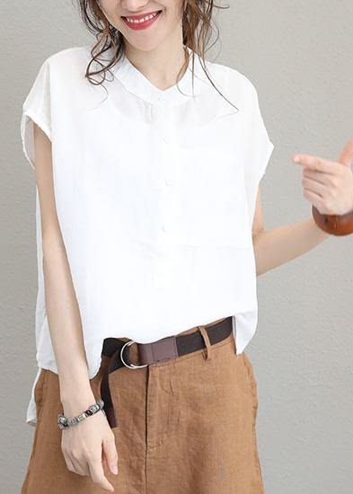 Women's Blouse | Linen Stand Neck Short Sleeve