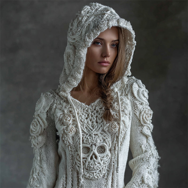Karen Moree | White Roses Celtic Skull Hooded Knit Sweater