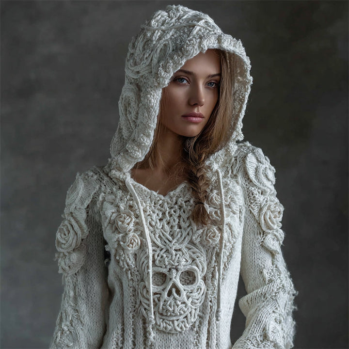 Karen Moree | White Roses Celtic Skull Hooded Knit Sweater