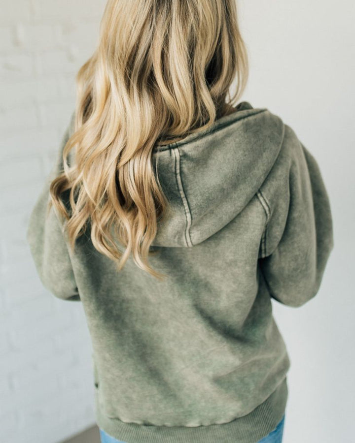 Karen Moree | Zip Henley Acid Wash Fleece Hoodie