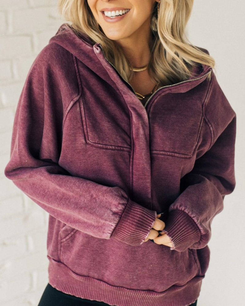 Karen Moree | Zip Henley Acid Wash Fleece Hoodie