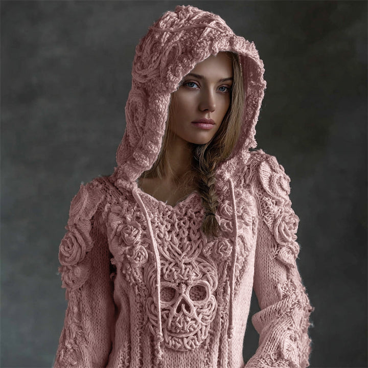 Karen Moree | White Roses Celtic Skull Hooded Knit Sweater