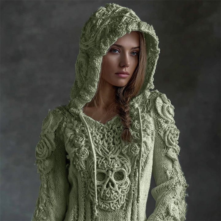 Karen Moree | White Roses Celtic Skull Hooded Knit Sweater