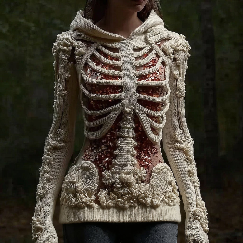 Karen Moree | Skull Floral Knitted Hooded Sweater