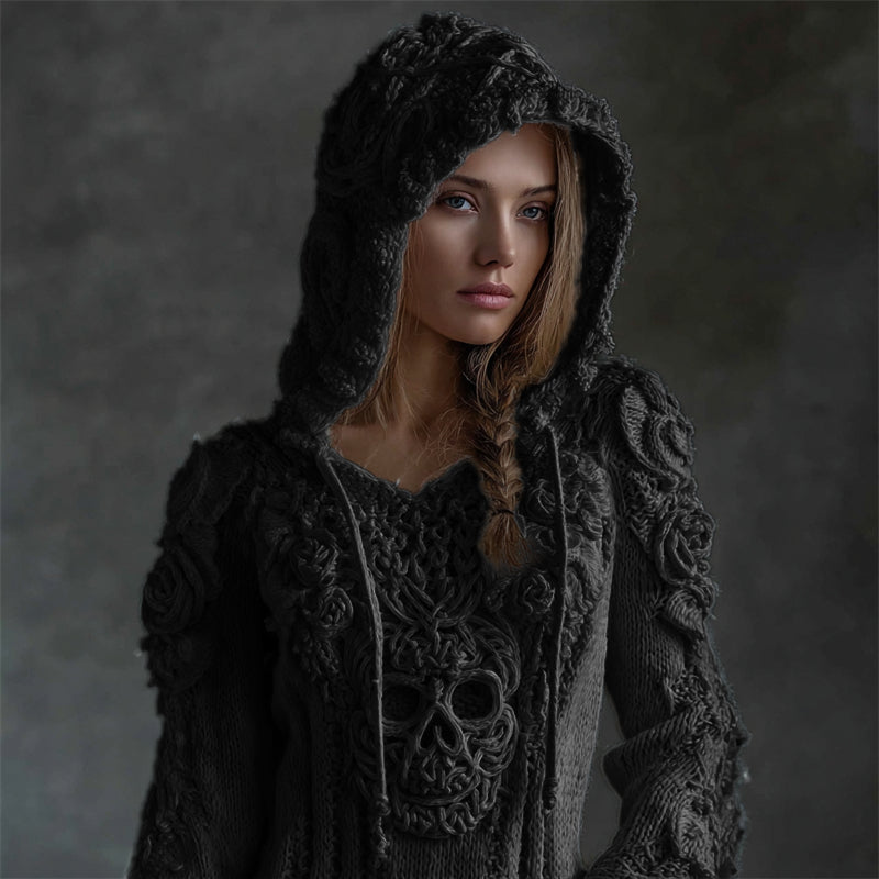 Karen Moree | White Roses Celtic Skull Hooded Knit Sweater