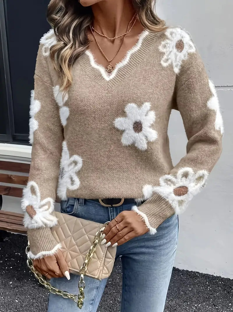 Karen Moree | Stylish V-Neck Floral Sweater