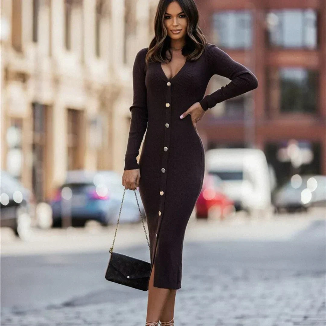 Karen Moree | Women's Winter Knitted V-Neck Bodycon Dress