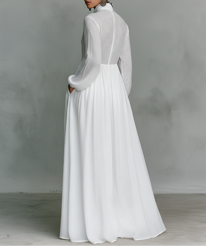 Karen Moree | Maxi Dress In Cotton And Linen With Patchwork, High Collar And Long Sleeves