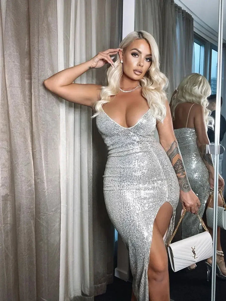Karen Moree | Sequined Bodycon Cocktail Dress With Deep V-Neck
