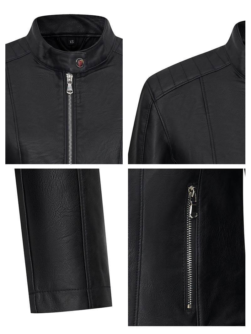 Women's Leather Jacket | Black Zip-Up Striped Rib Hem