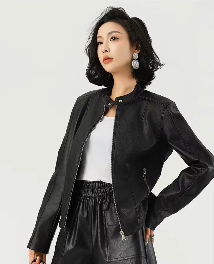 Women's Leather Jacket | Black Zip-Up Striped Rib Hem