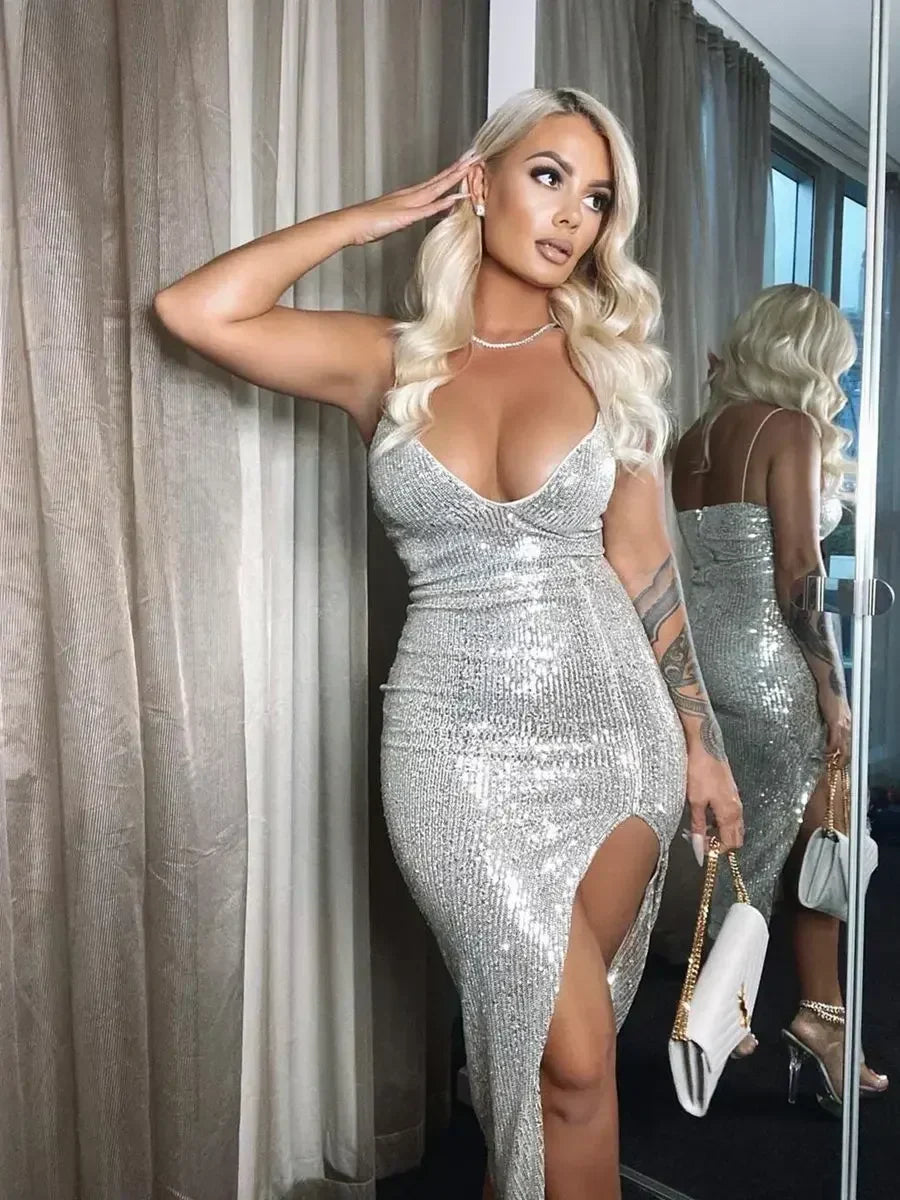 Karen Moree | Sequined Bodycon Cocktail Dress With Deep V-Neck