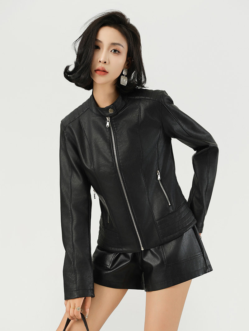 Women's Leather Jacket | Black Zip-Up Striped Rib Hem