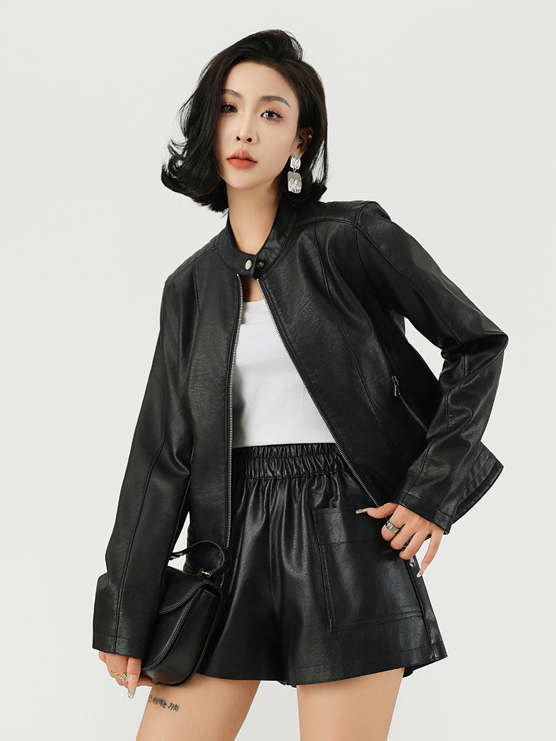 Women's Leather Jacket | Black Zip-Up Striped Rib Hem