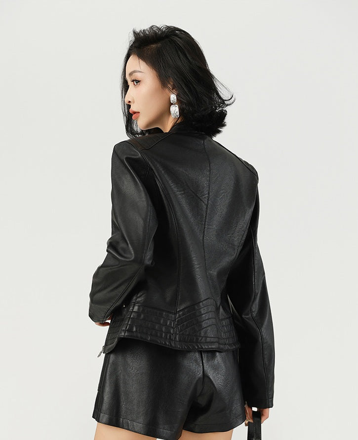 Women's Leather Jacket | Black Zip-Up Striped Rib Hem