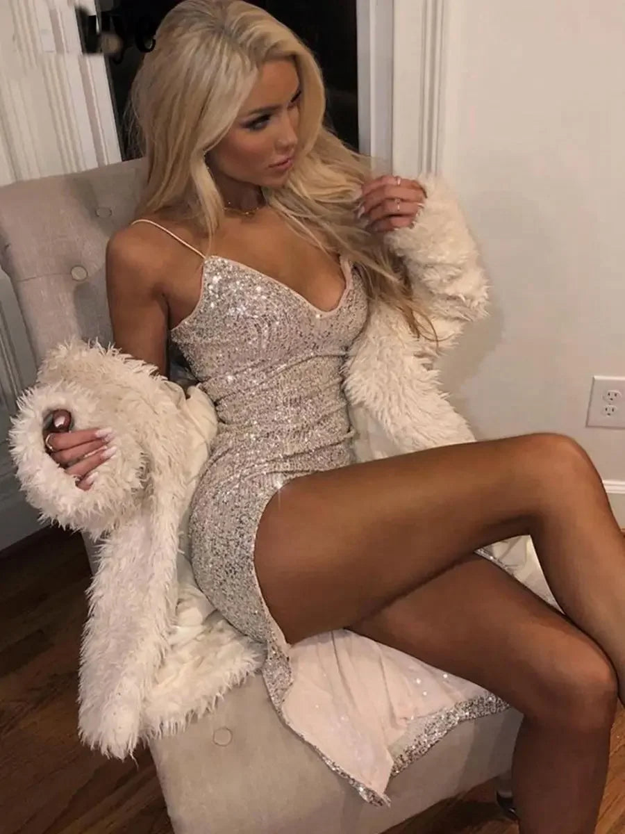 Karen Moree | Sequined Bodycon Cocktail Dress With Deep V-Neck