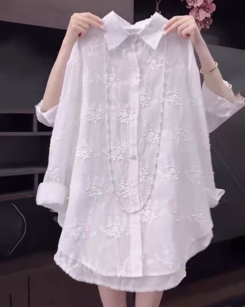 Karen Moree | Embroidered Solid Color Shirt With Dropped Shoulders