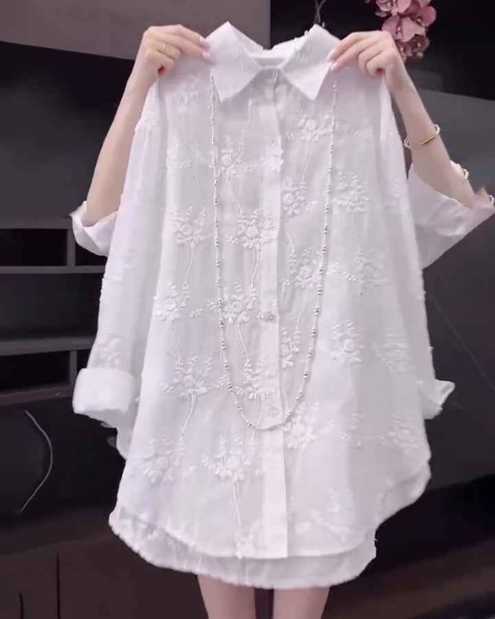Karen Moree | Embroidered Solid Color Shirt With Dropped Shoulders