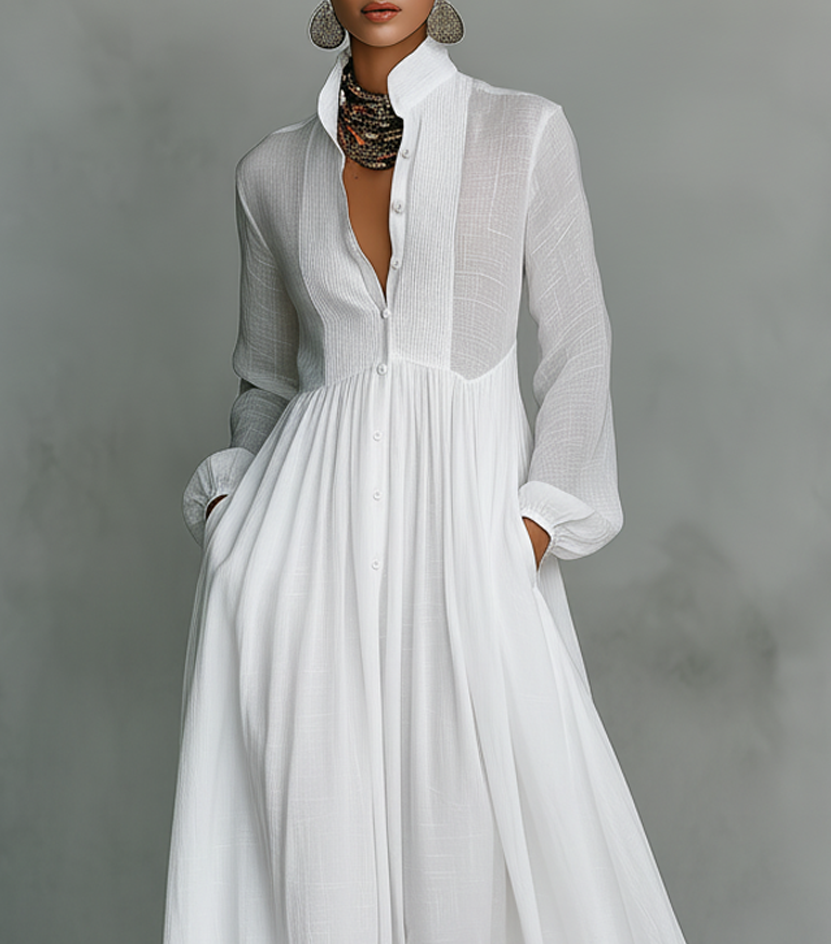 Karen Moree | Maxi Dress In Cotton And Linen With Patchwork, High Collar And Long Sleeves
