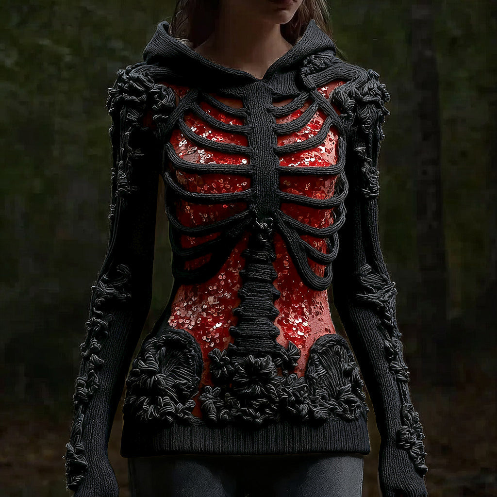 Karen Moree | Skull Floral Knitted Hooded Sweater