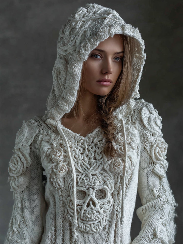 Karen Moree | White Roses Celtic Skull Hooded Knit Sweater