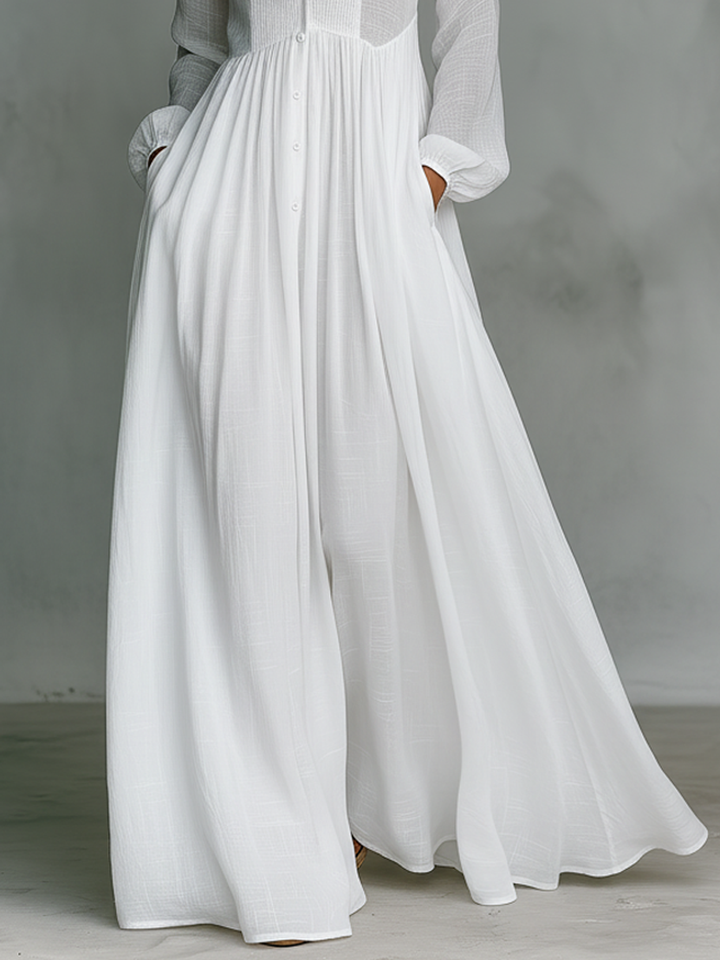 Karen Moree | Maxi Dress In Cotton And Linen With Patchwork, High Collar And Long Sleeves