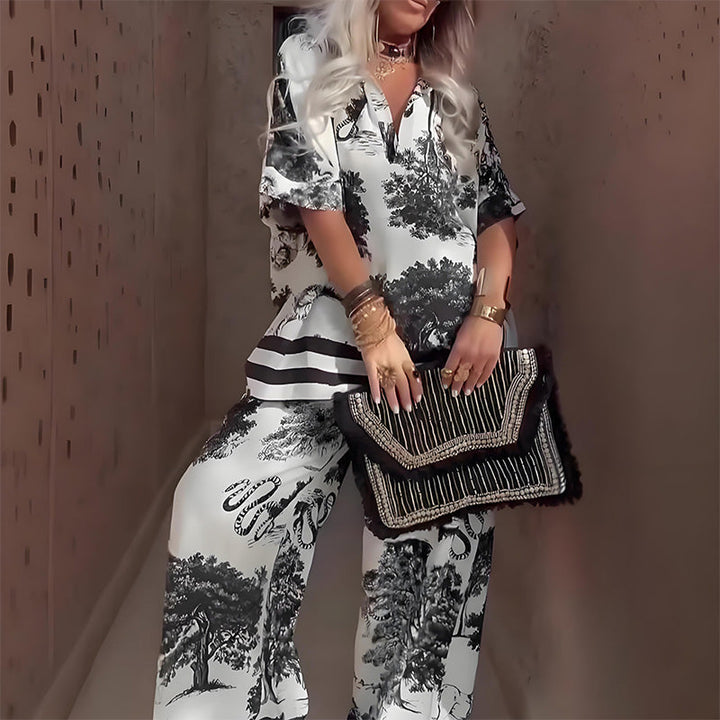 Karen Moree | Printed Top With V-Neck And Long Pants